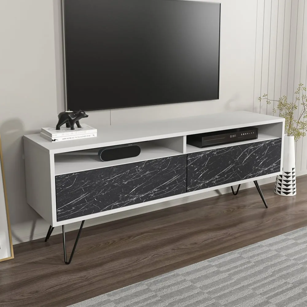 Flay 2 Door 2 Shelf TV Unit - Black Marble Effect, White image