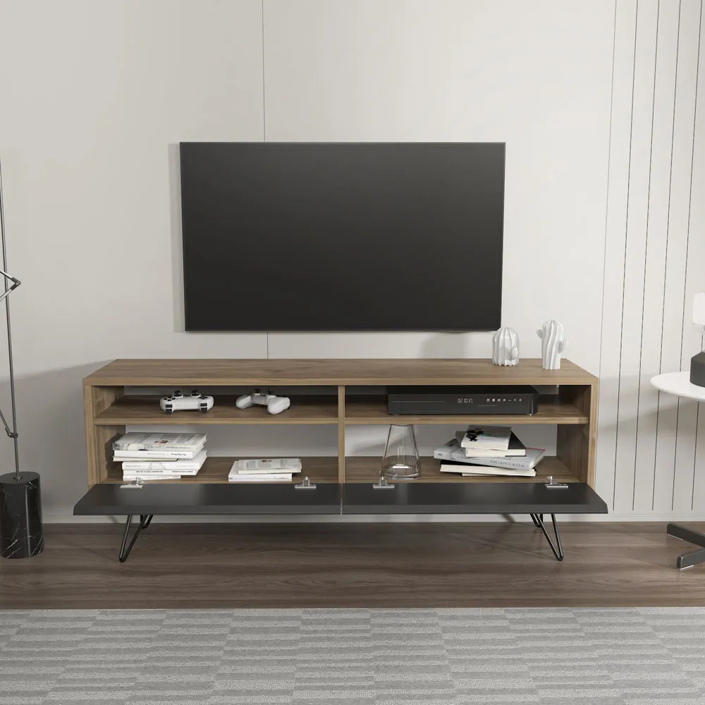 Flay 2 Door 2 Shelf TV Unit - Walnut, Black