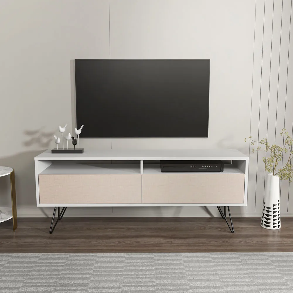 Flay 2 Door 2 Shelf TV Unit - White, Beige