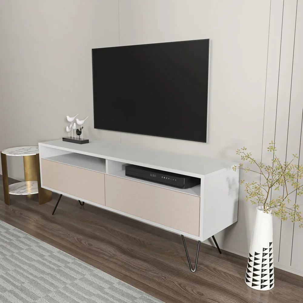 Flay 2 Door 2 Shelf TV Unit - White, Beige