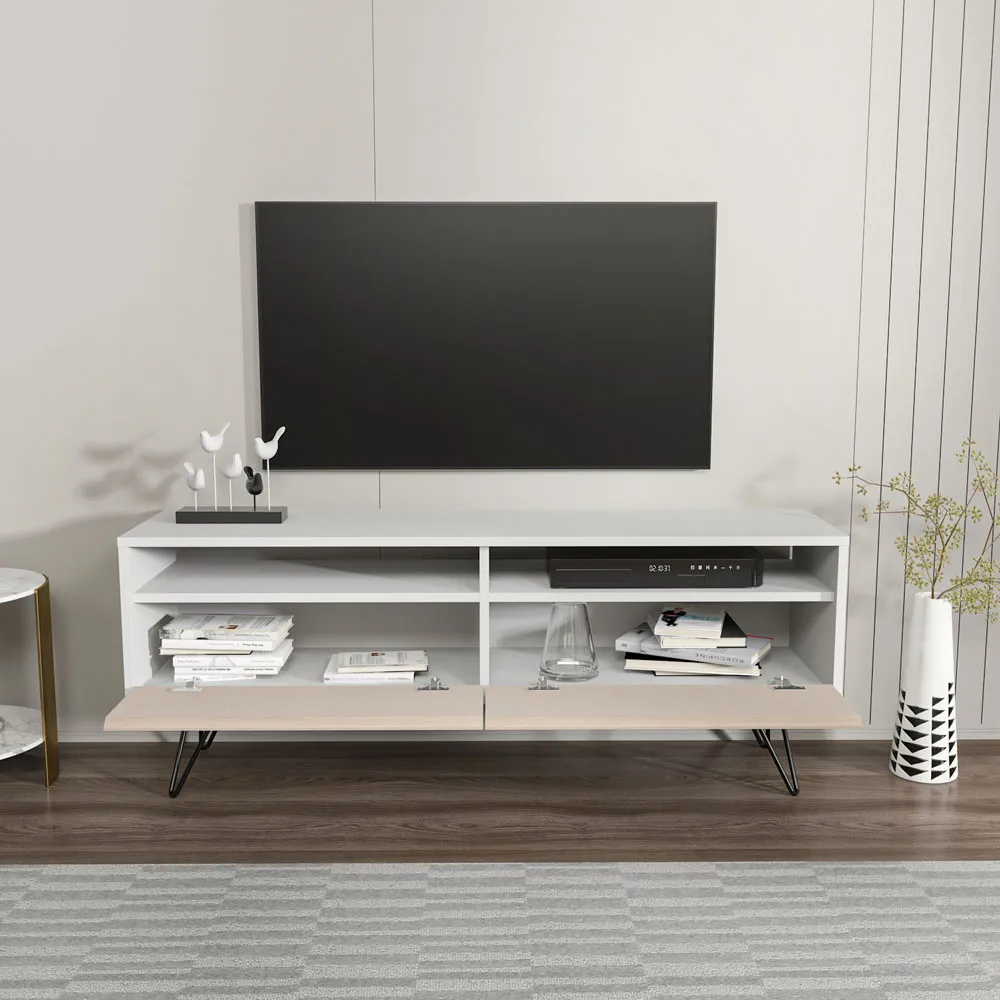 Flay 2 Door 2 Shelf TV Unit - White, Beige