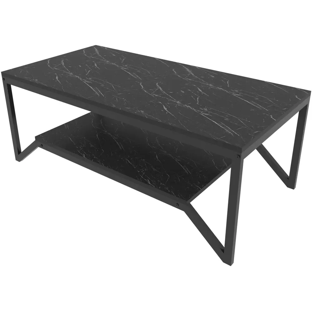 Flora Coffee Table with Shelf - Black, Marble Effect