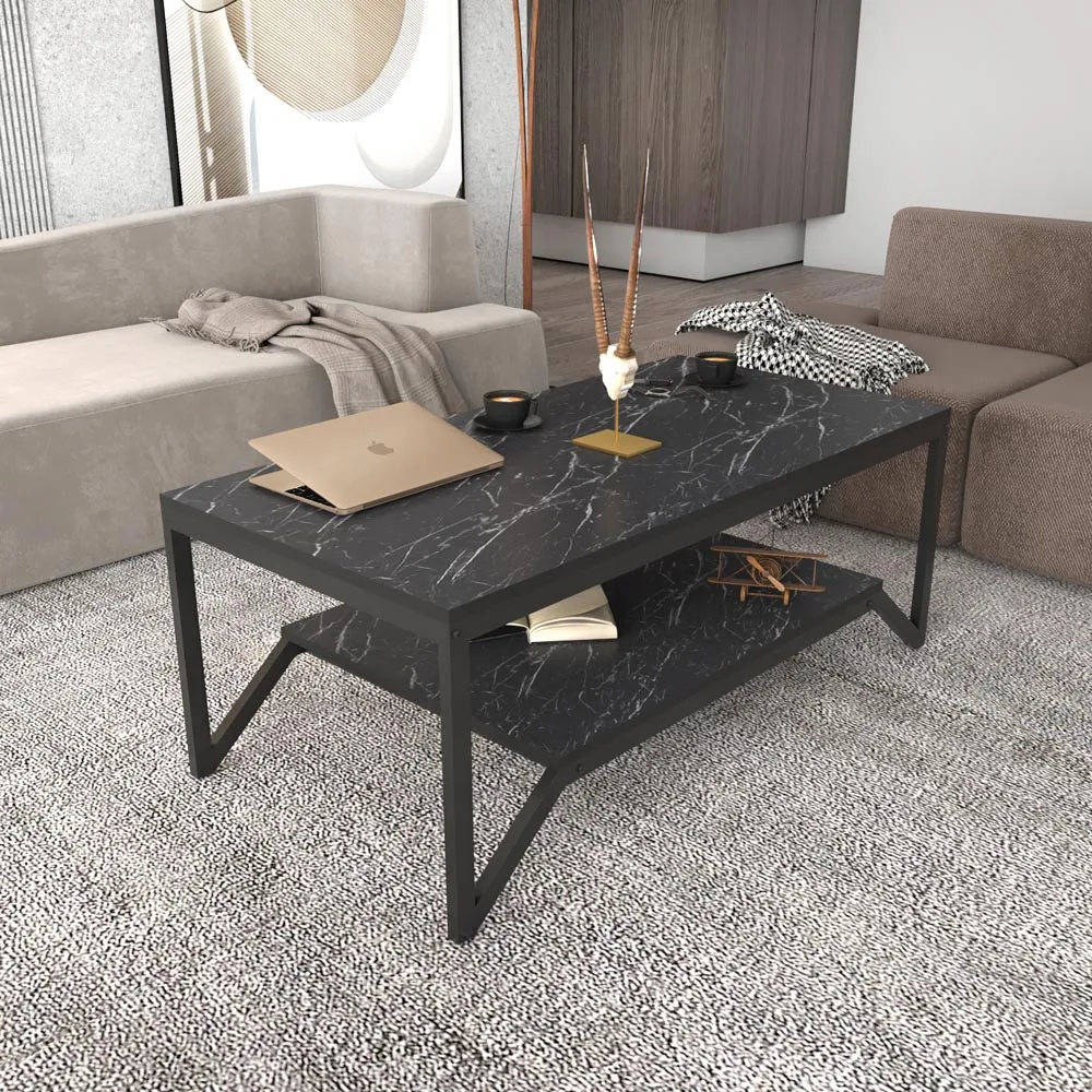 Flora Coffee Table with Shelf - Black, Marble Effect