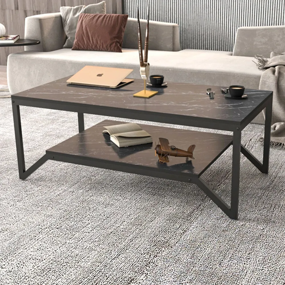 Flora Coffee Table with Shelf - Black, Marble Effect image