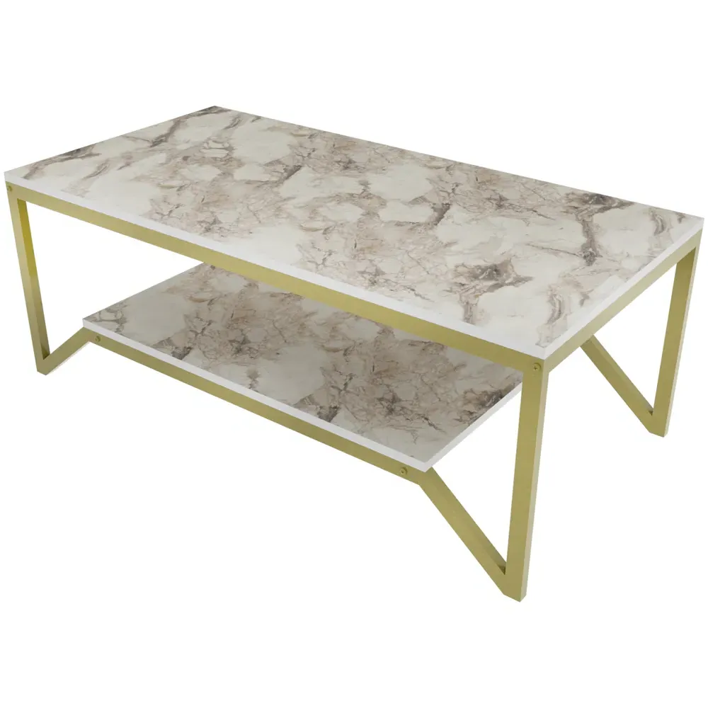 Flora Coffee Table with Shelf - White and Gold, Marble