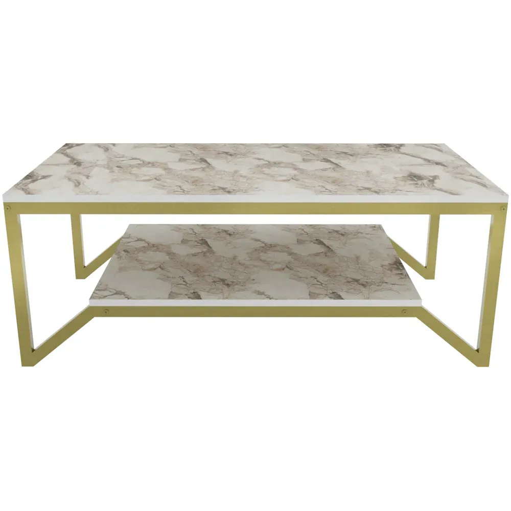 Flora Coffee Table with Shelf - White and Gold, Marble