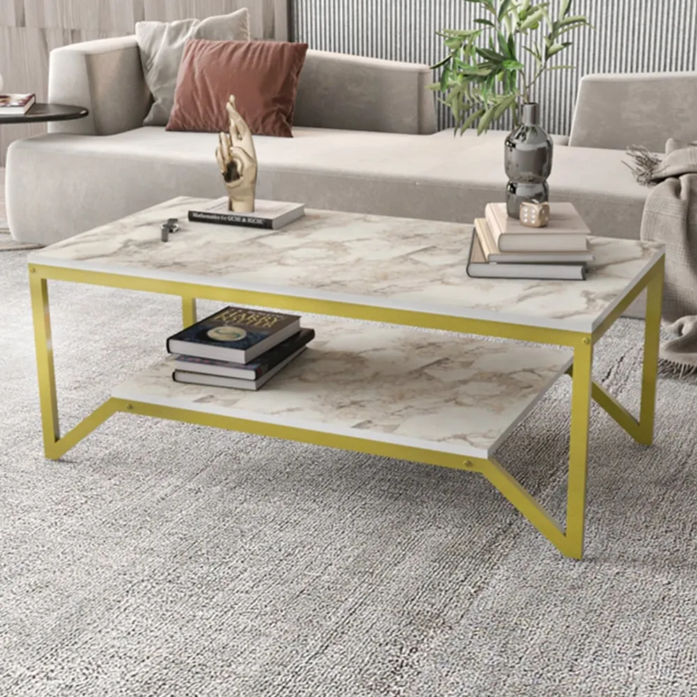 Flora Coffee Table with Shelf - White and Gold, Marble