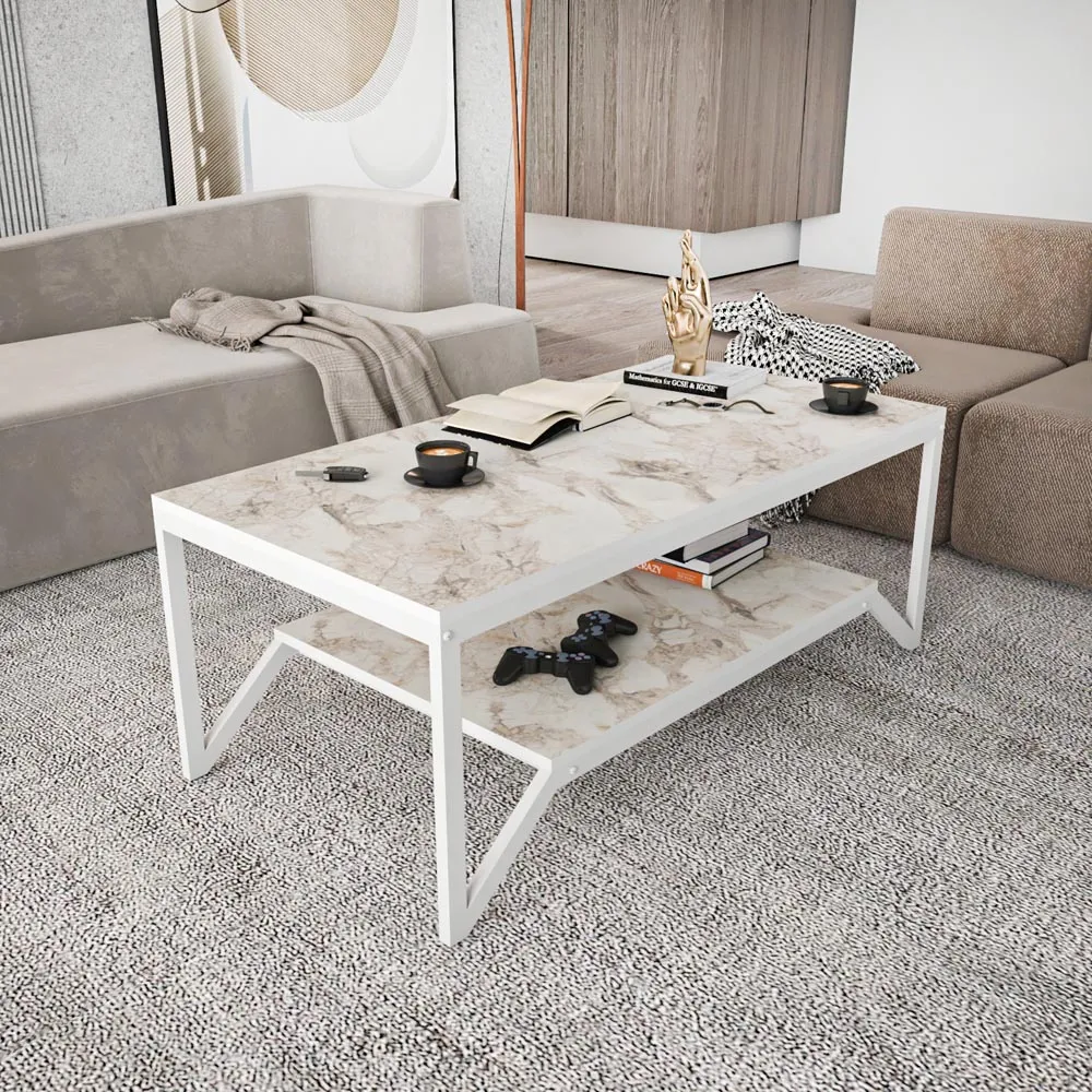 Flora Coffee Table with Shelf - White, Marble