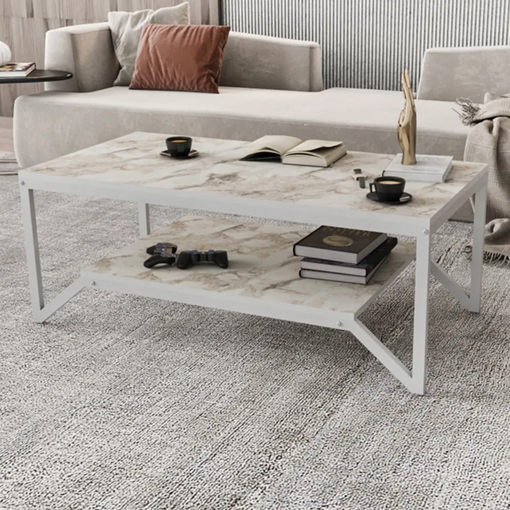 Flora Coffee Table with Shelf - White, Marble