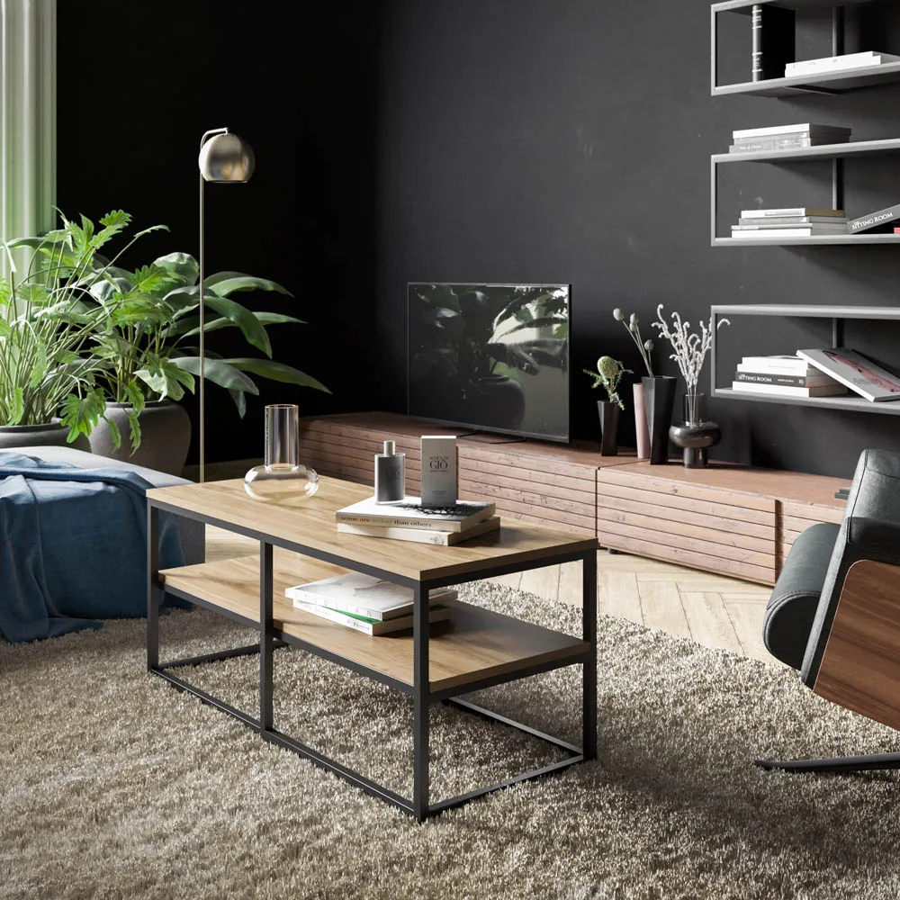 Forteus Single Shelf Coffee Table - Black Marble Effect, Metal