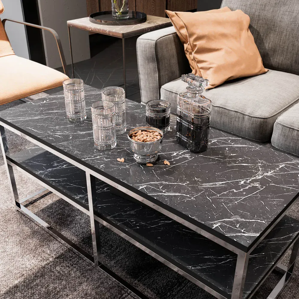 Forteus Single Shelf Coffee Table - White Black Marble, Chrome