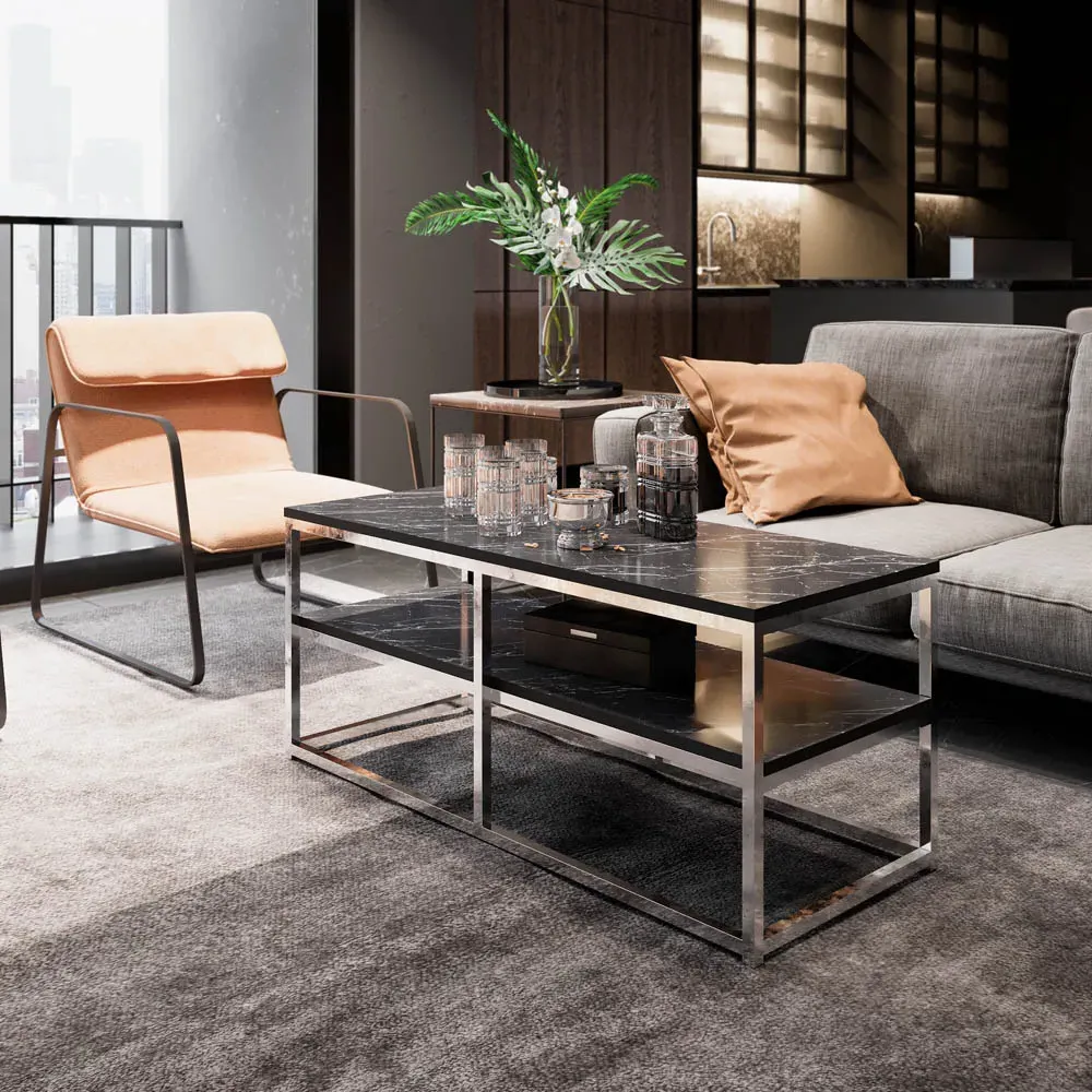 Forteus Single Shelf Coffee Table - White Black Marble, Chrome