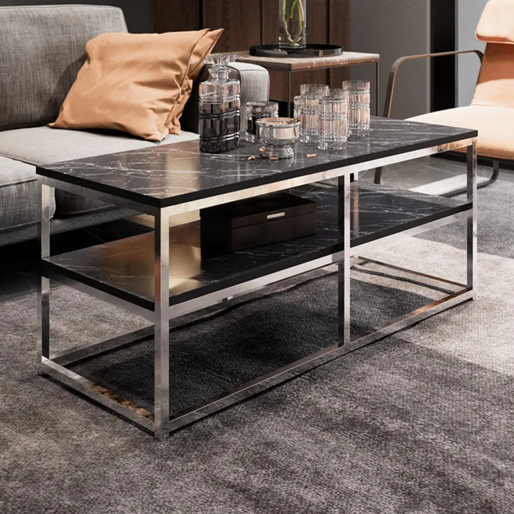 Forteus Single Shelf Coffee Table - White Black Marble, Chrome