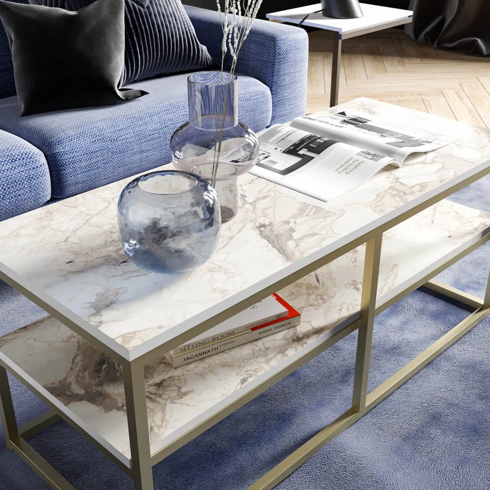 Forteus Single Shelf Coffee Table - White Marble Effect, Metal