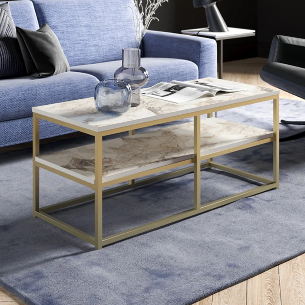 Forteus Single Shelf Coffee Table - White Marble Effect, Metal