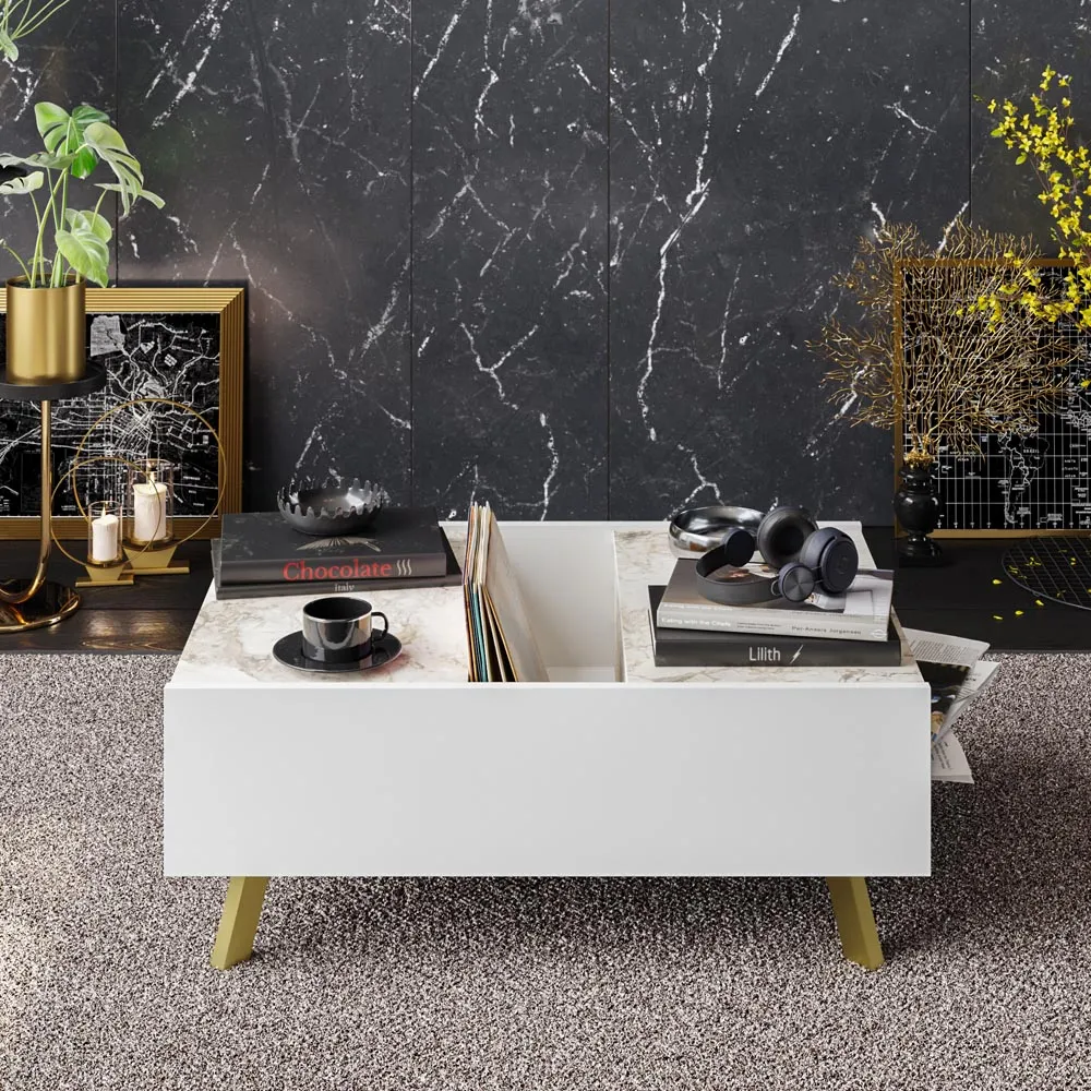 Frida 3-Shelf Coffee Table - White Marble, Gold