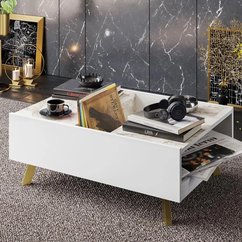 Frida 3-Shelf Coffee Table - White Marble, Gold image