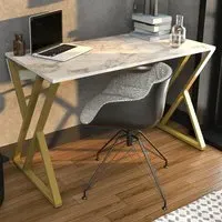 Gyza Computer Desk - White Marble, Gold