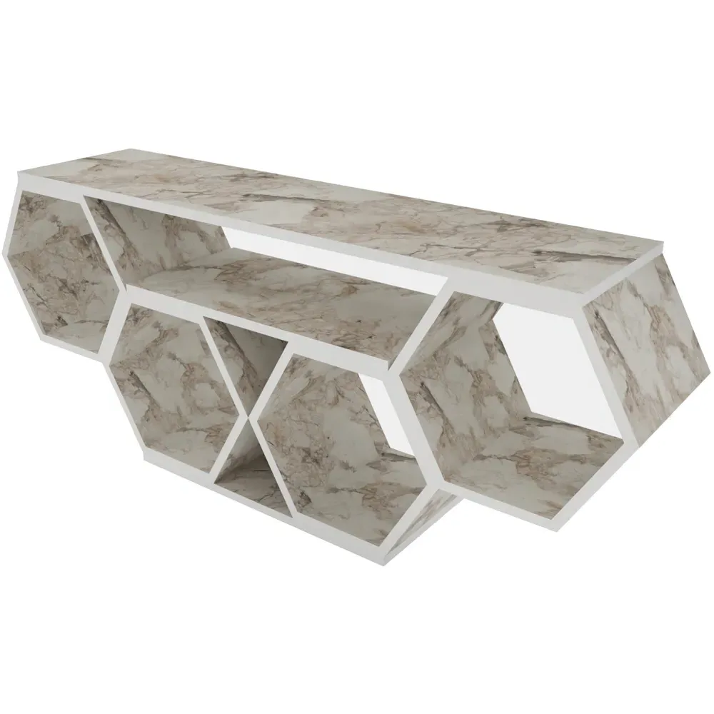 Honey Wide Hexagonal TV Unit - White, Marble Effect