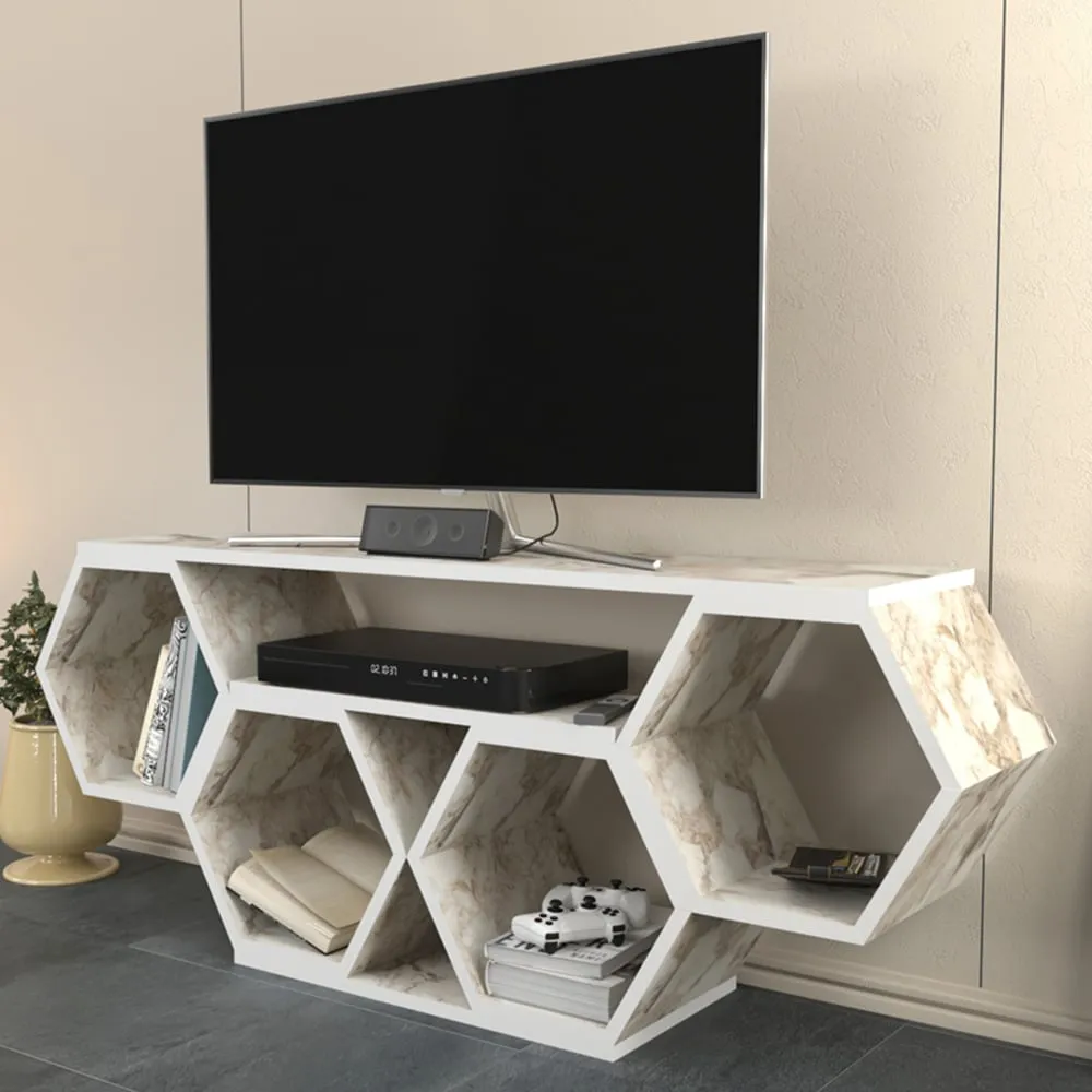 Honey Wide Hexagonal TV Unit - White, Marble Effect image
