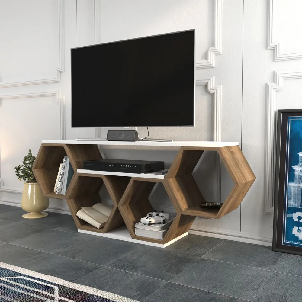 Honey Wide Hexagonal TV Unit - White, Walnut