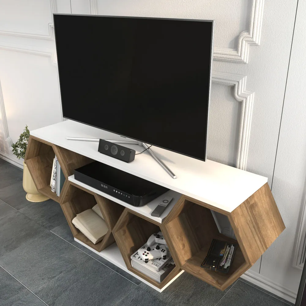Honey Wide Hexagonal TV Unit - White, Walnut
