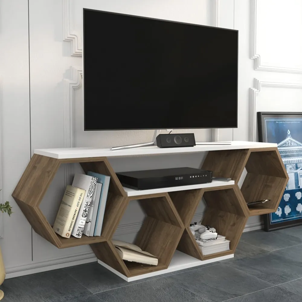Honey Wide Hexagonal TV Unit - White, Walnut image