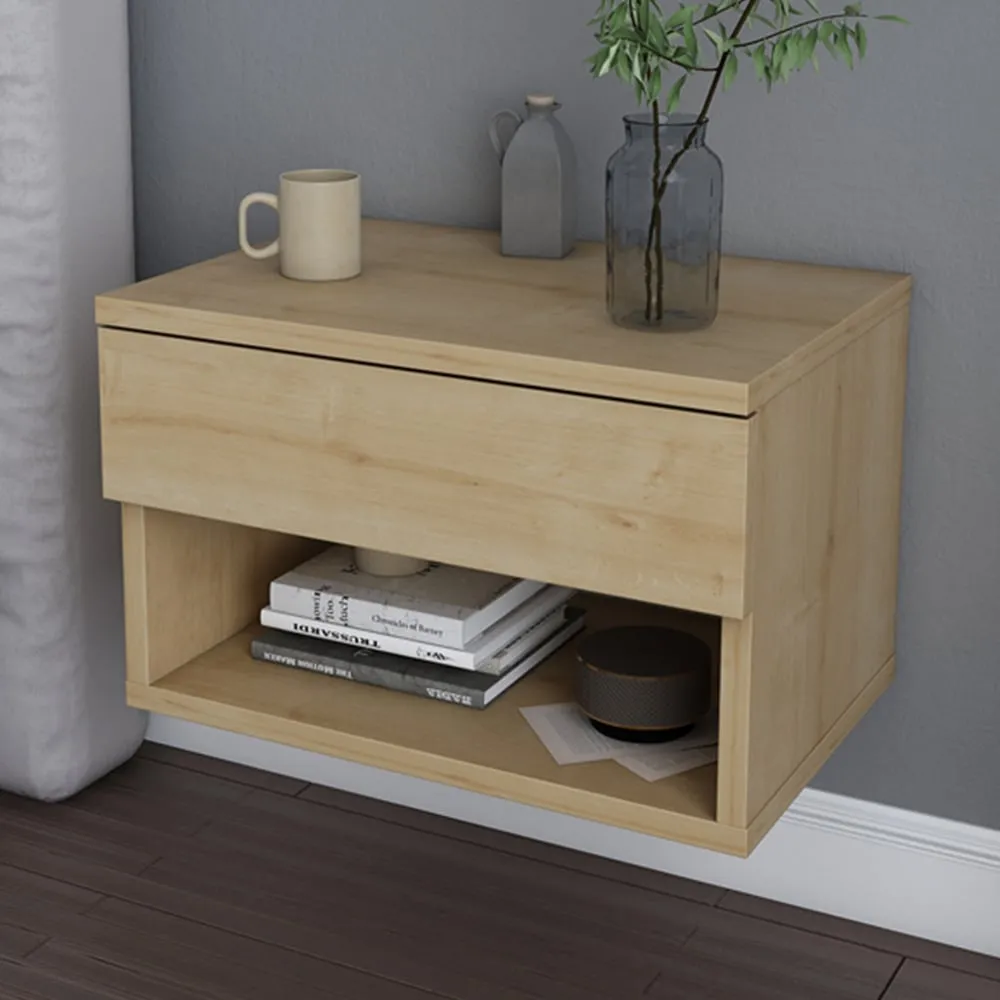 Jamot Single Drawer Floating Bedside Table - Oak