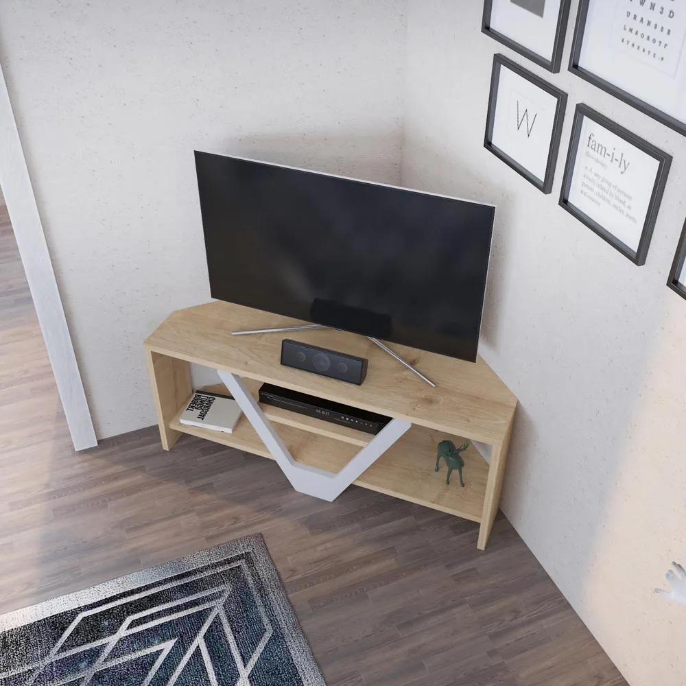 Karin Corner TV Unit with 2 Shelves - Oak, White
