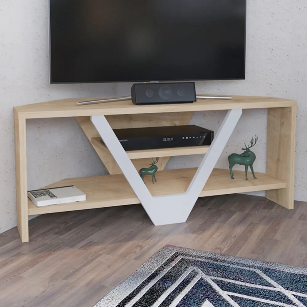 Karin Corner TV Unit with 2 Shelves - Oak, White