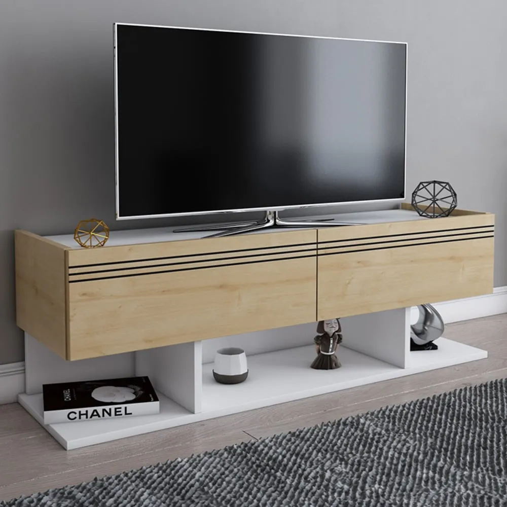 Kase 2 Door TV Unit with Storage - White, Sapphire Oak