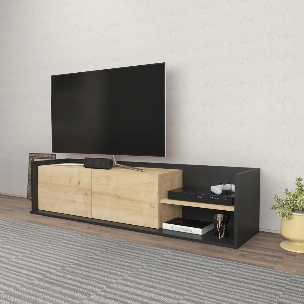 Krog 2 Door 2 Shelf TV Unit - Anthracite, Sapphire Oak