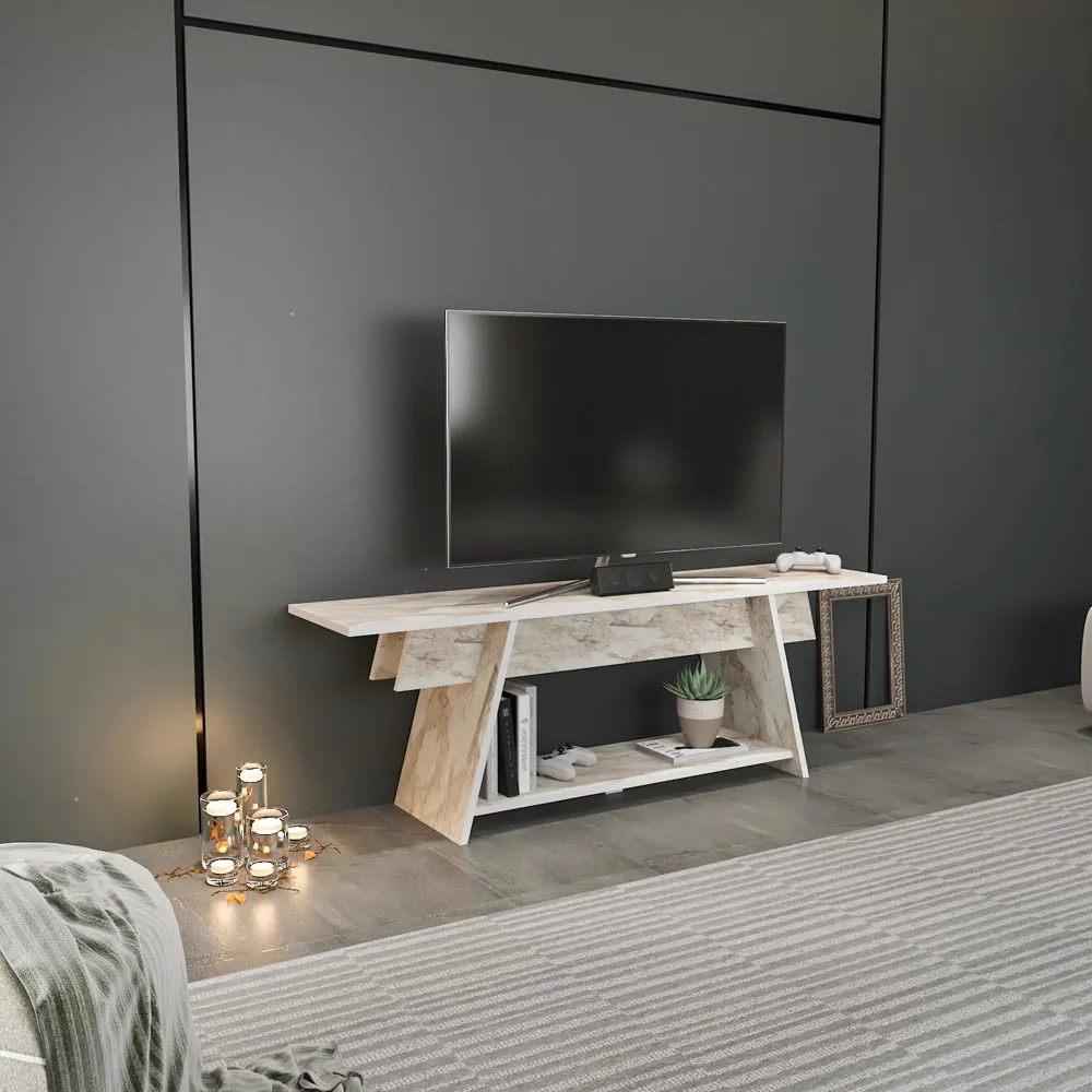Lanca Single Shelf TV Unit - White Marble Effect