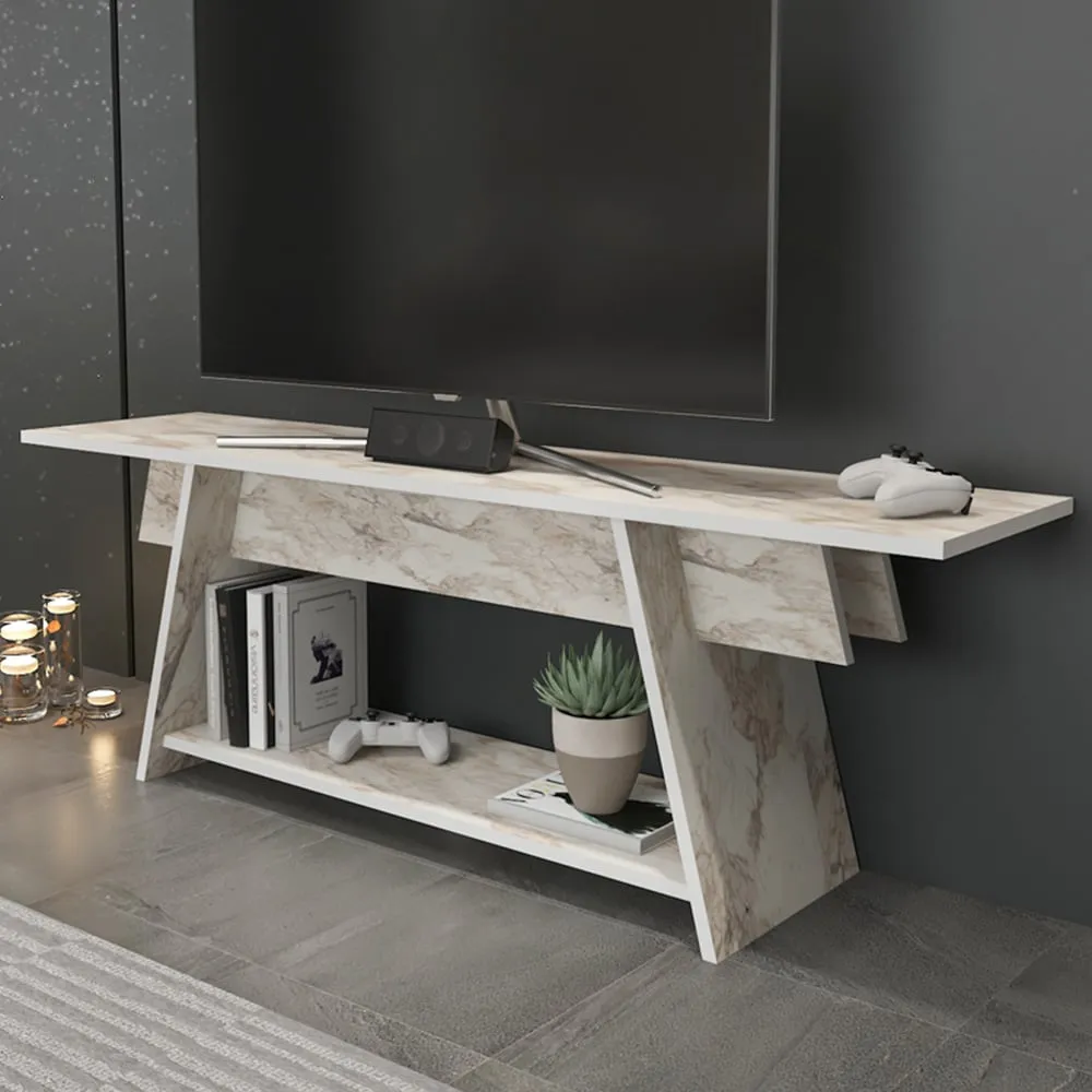 Lanca Single Shelf TV Unit - White Marble Effect