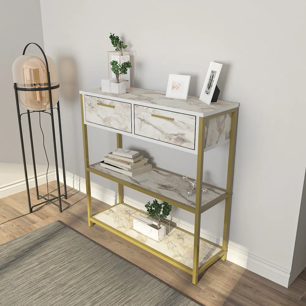 Latho 2 Drawer Sideboard with Shelves - White, Marble Effect