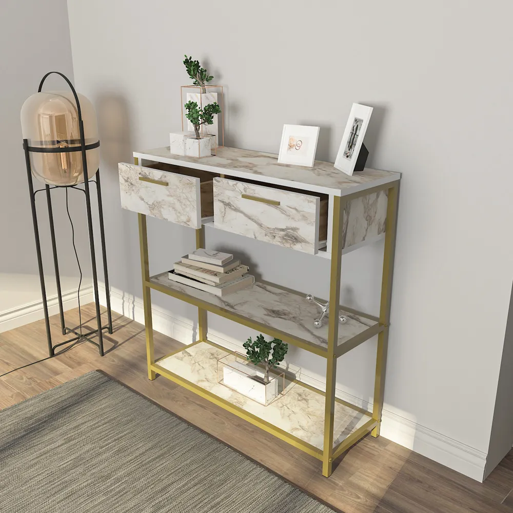 Latho 2 Drawer Sideboard with Shelves - White, Marble Effect