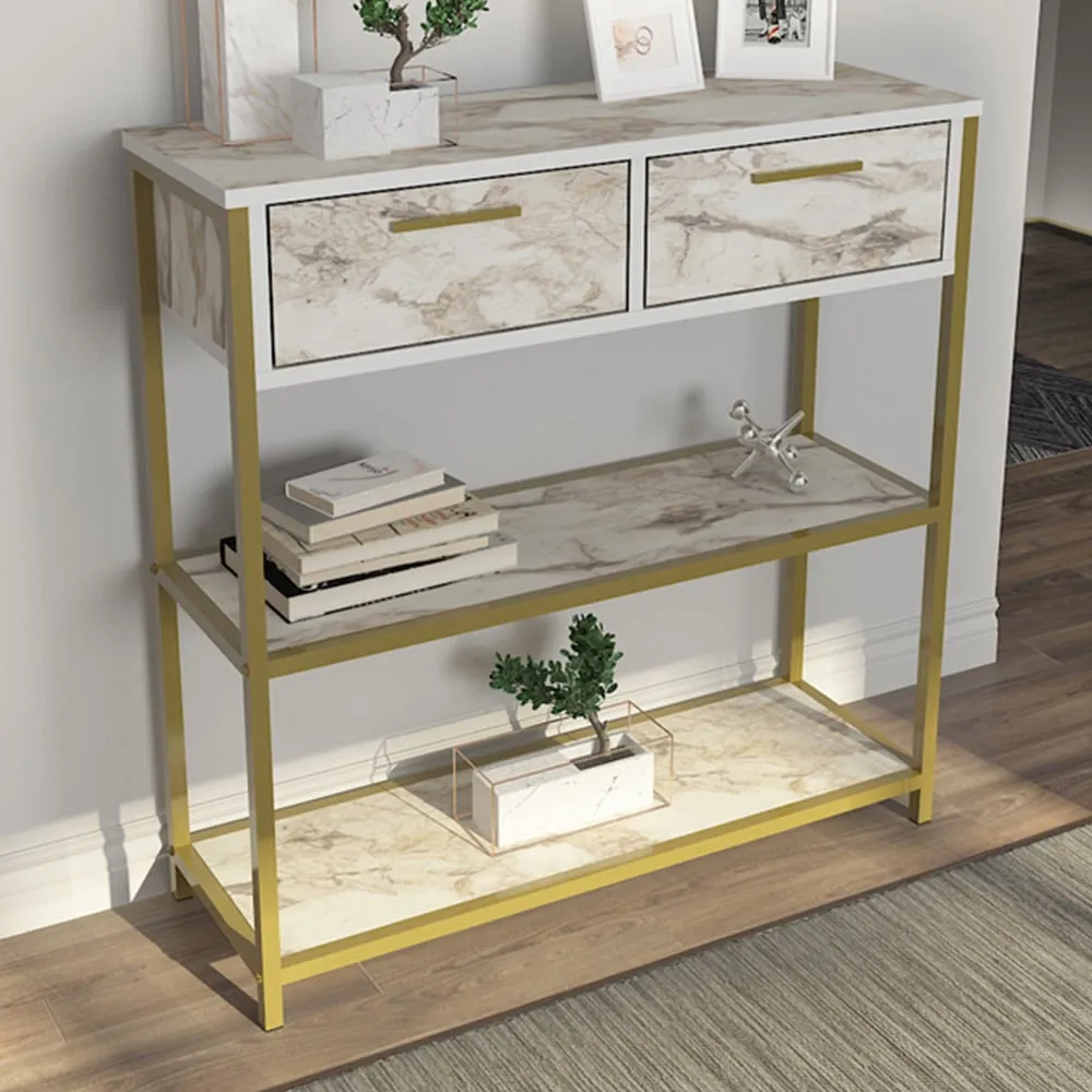 Latho 2 Drawer Sideboard with Shelves - White, Marble Effect image
