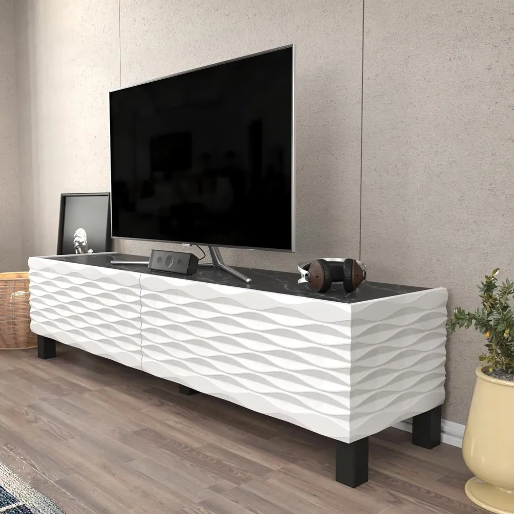 Lerze 2 Door TV Unit - Black Marble, White