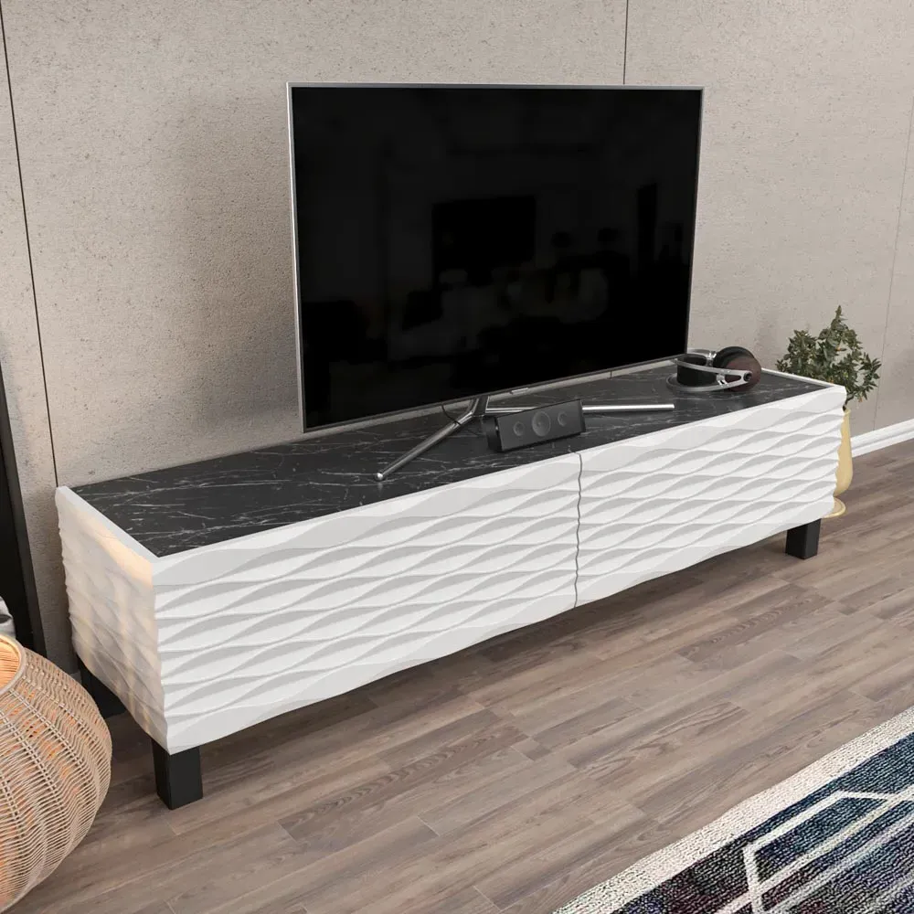 Lerze 2 Door TV Unit - Black Marble, White
