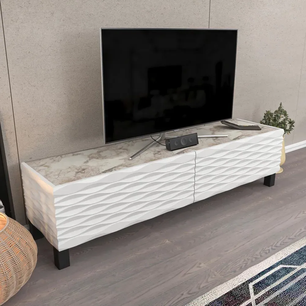 Lerze 2 Door TV Unit - White Marble, White