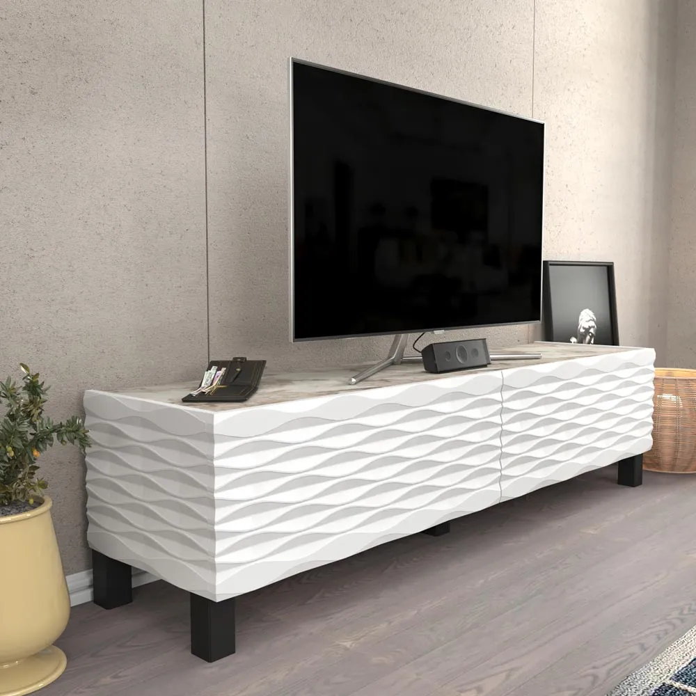 Lerze 2 Door TV Unit - White Marble, White