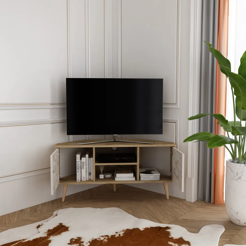 Lesson Corner TV Stand with Storage - Oud, White Marble