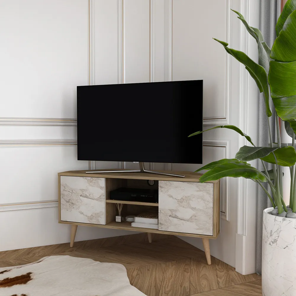 Lesson Corner TV Stand with Storage - Oud, White Marble