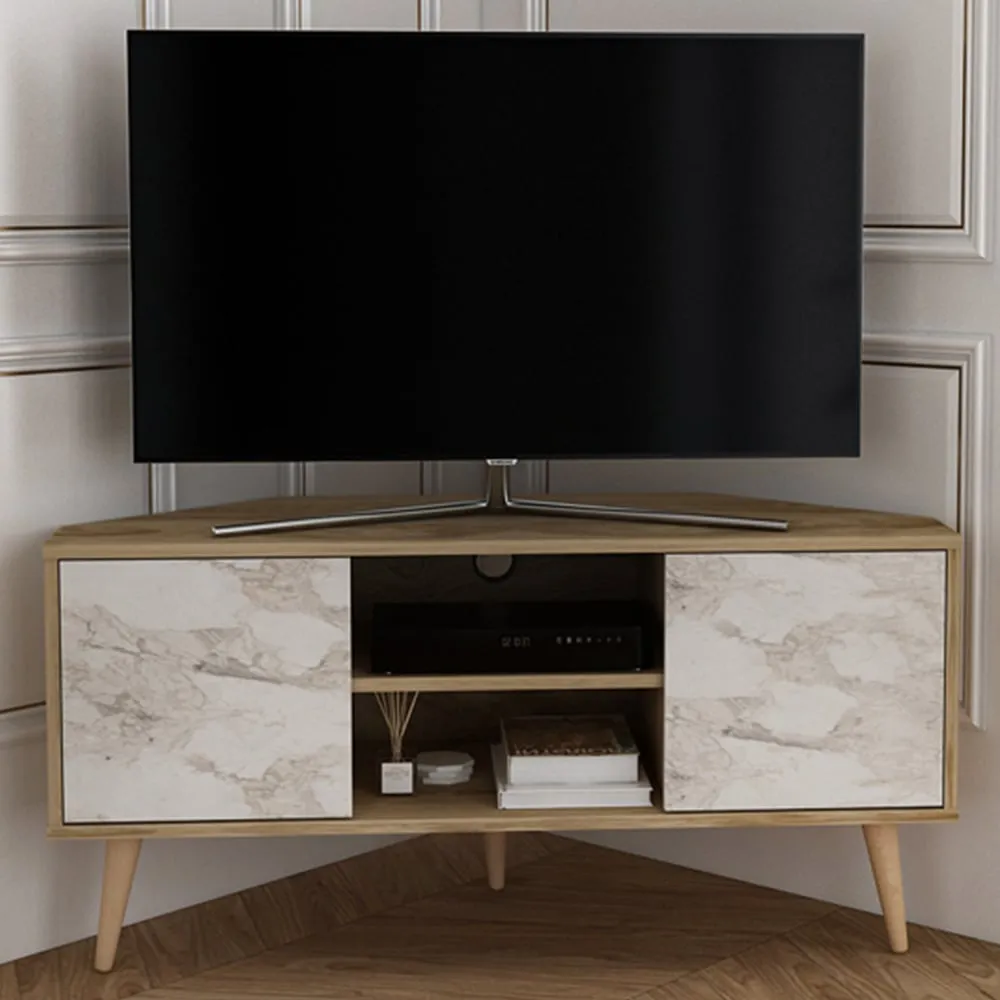 Lesson Corner TV Stand with Storage - Oud, White Marble