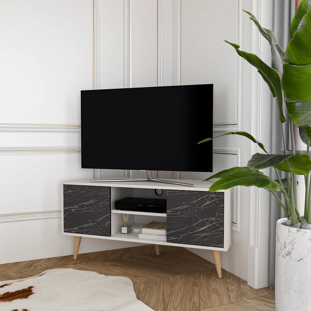 Lesson Corner TV Stand with Storage - White, Black Marble