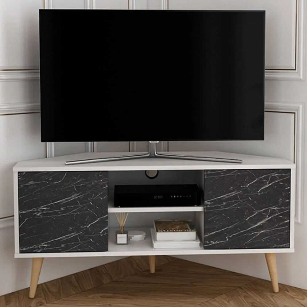 Lesson Corner TV Stand with Storage - White, Black Marble