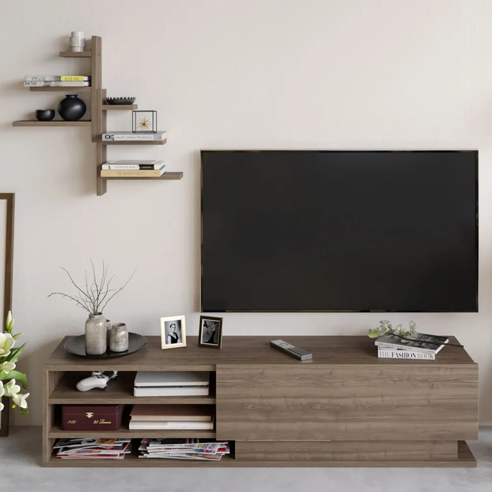 Linda 3 Shelf TV Unit with 6 Tier Wall Shelf - Brown image