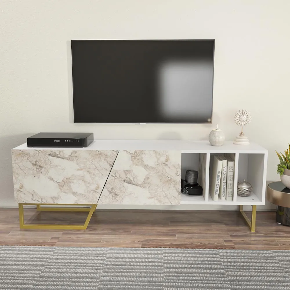 Linossa 3 Shelf TV Unit - White Marble, Gold