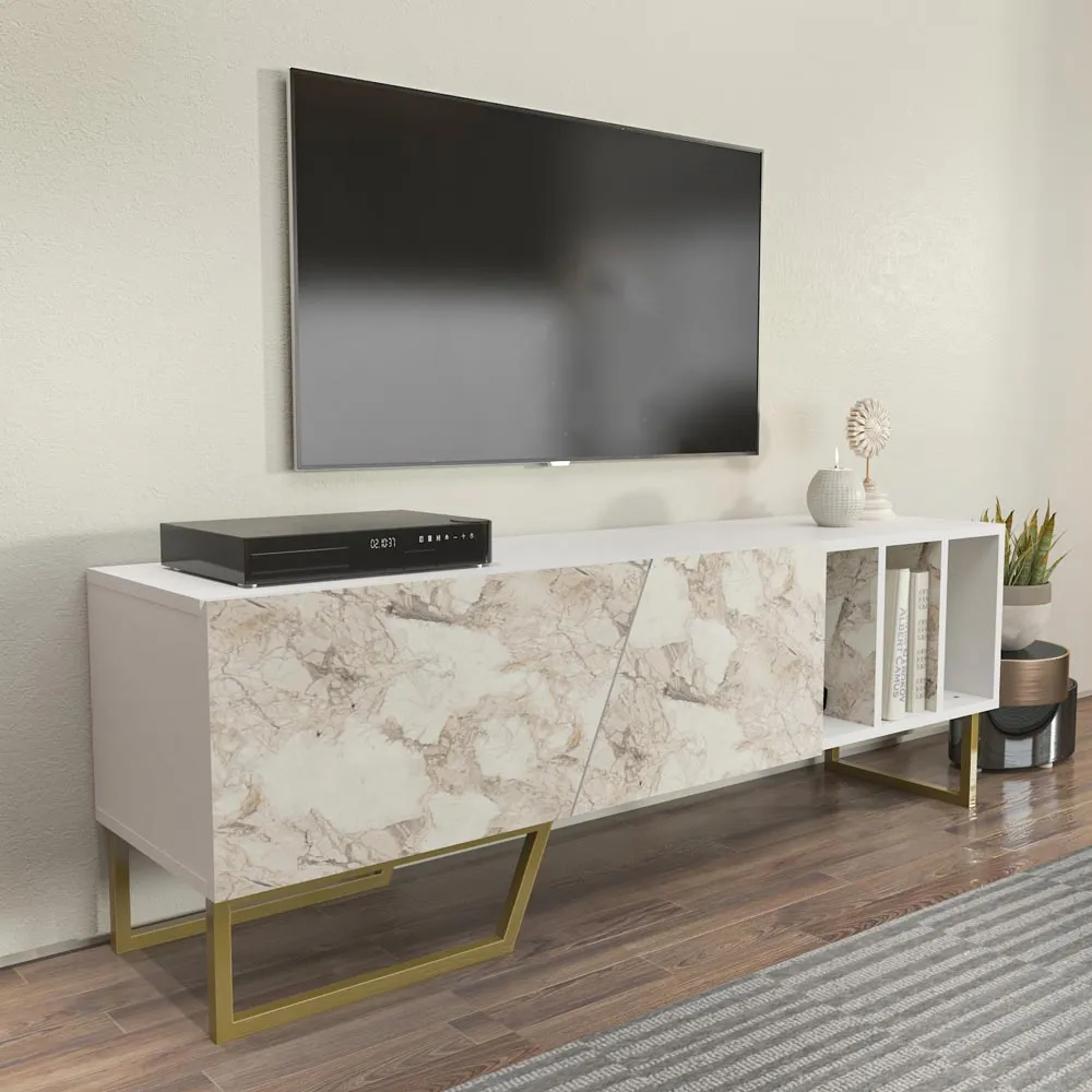 Linossa 3 Shelf TV Unit - White Marble, Gold