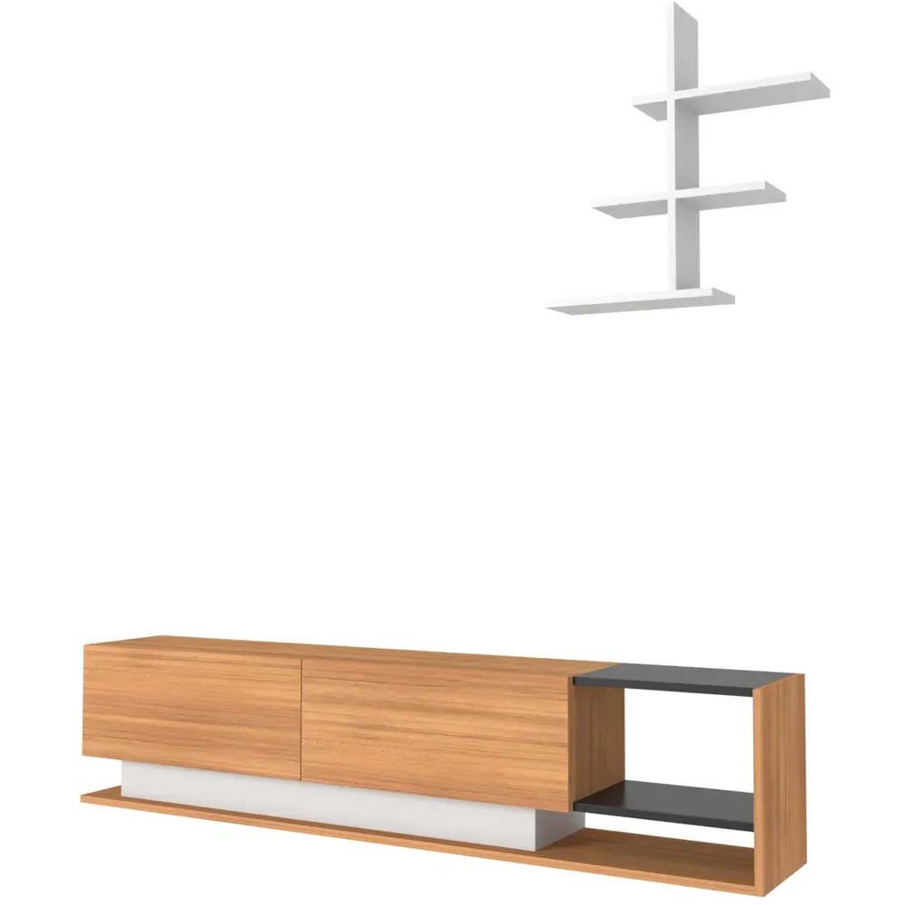 Liza 2 Door TV Unit with Wall Shelf - Teak Black, White